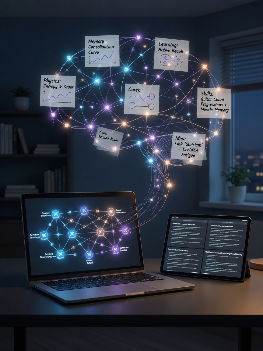 Laptop and tablet on a desk with a glowing second-brain knowledge graph of linked notes rising from the screens—Obsidian-style personal knowledge network